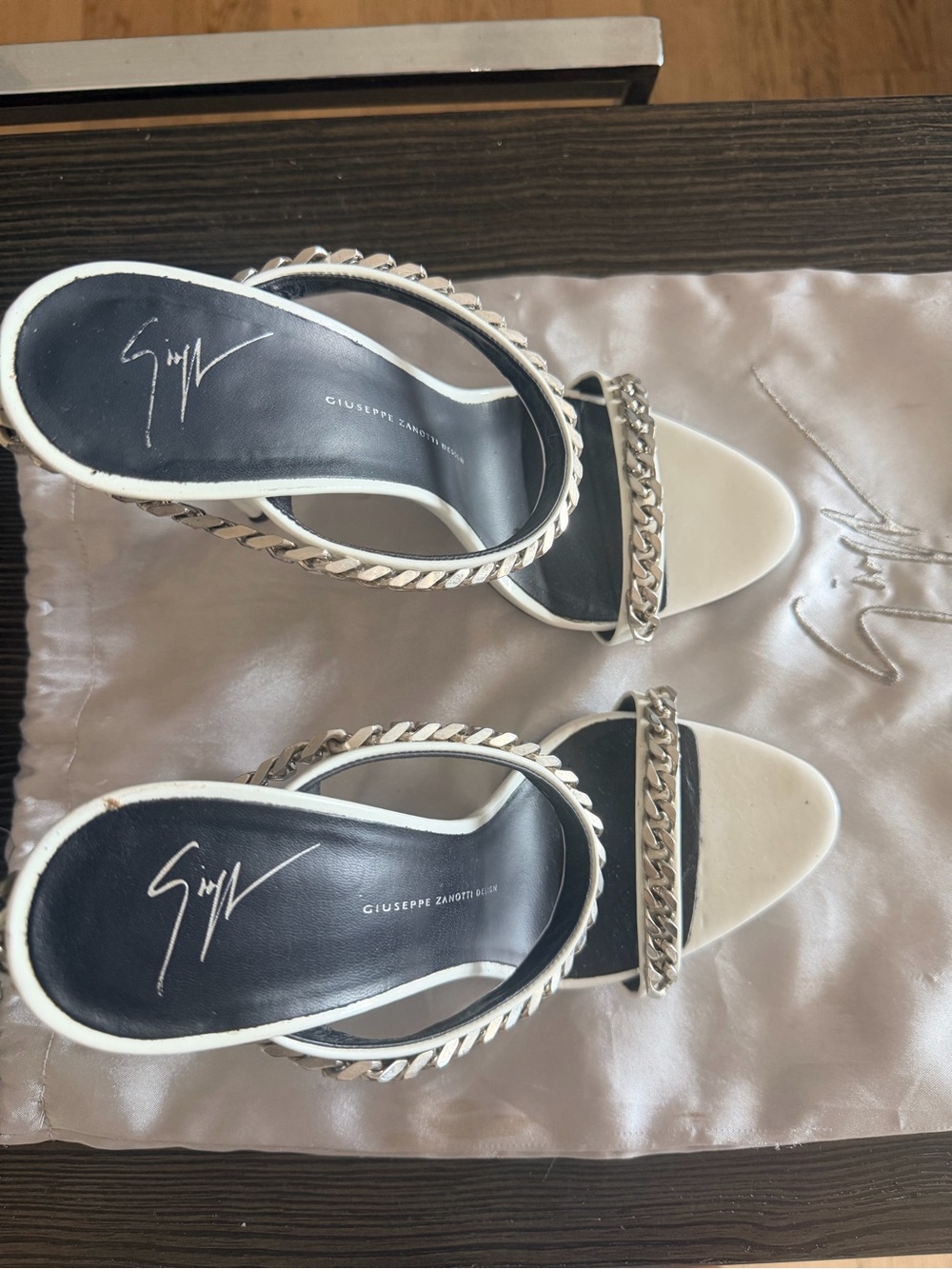 Giuseppe Zanotti White and Black Chain-Strap Stiletto Sandals - Picture 2 of 8